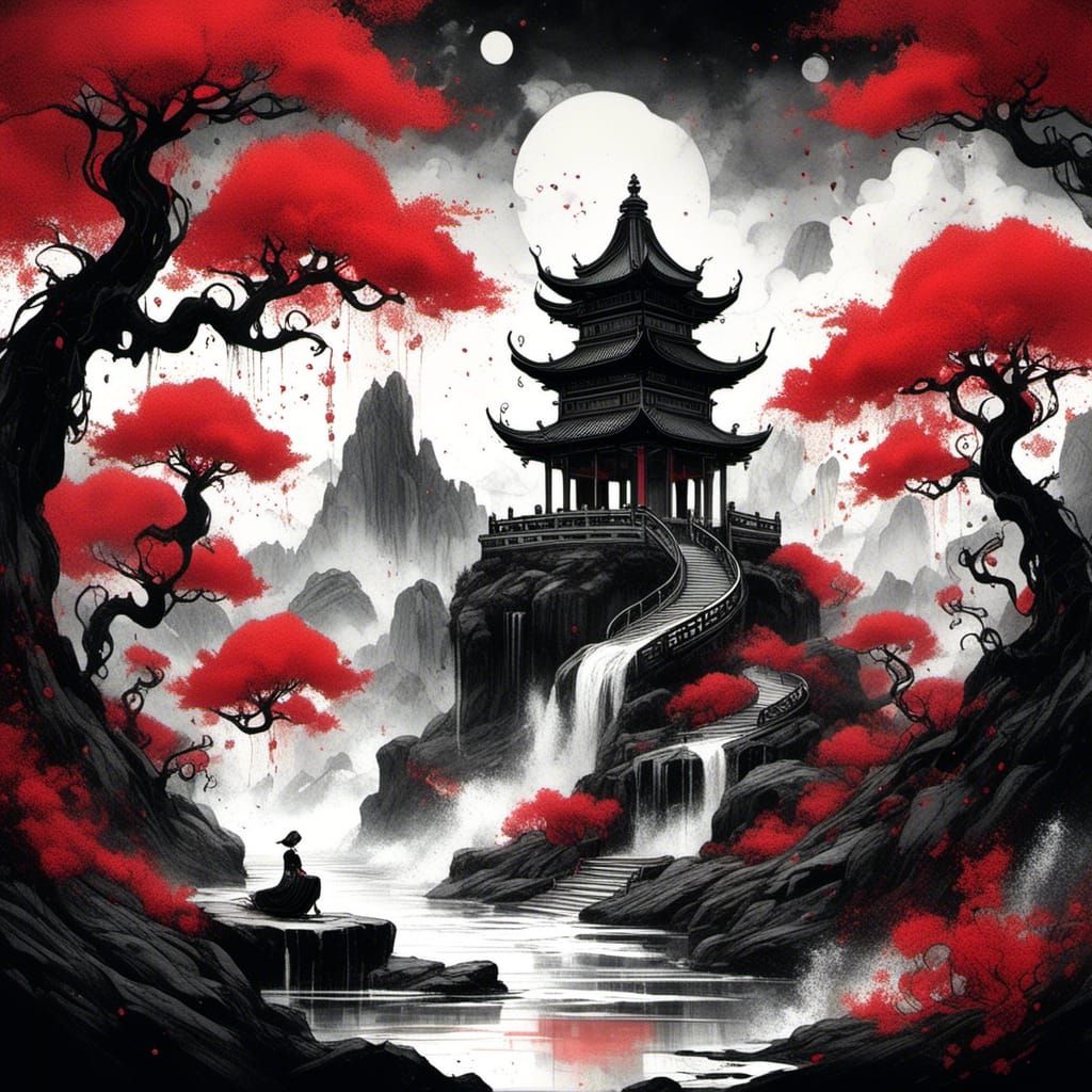 Dramatic Black and White Chinese Landscape with Temple