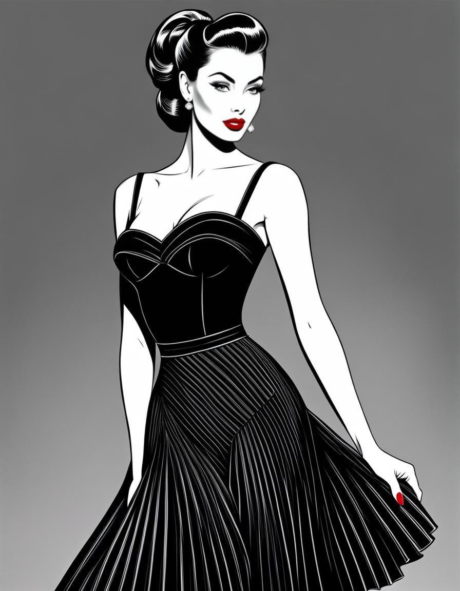 Retro Line Art of Brunette in Cocktail Dress