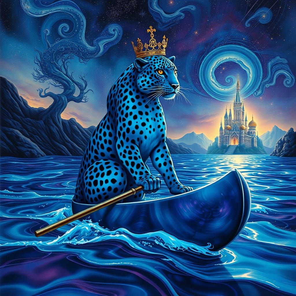 Surrealist Dreamscape of a Blue Leopard King
