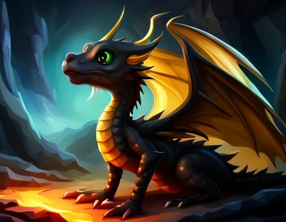 Cute Baby Black Gold Dragon Concept Art