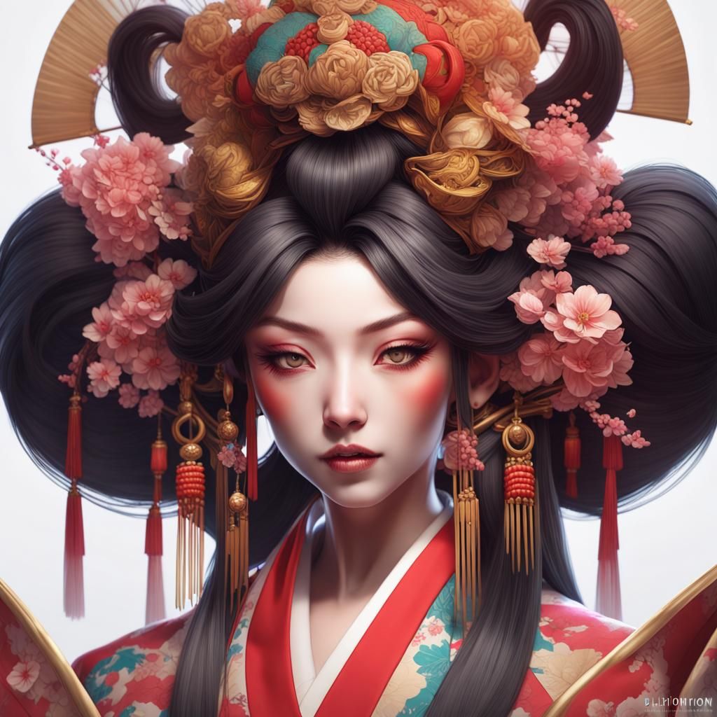 Elegant Oiran Portrait in Art Nouveau Style