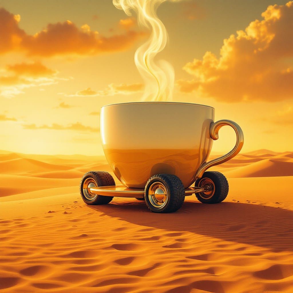 Surreal Desert Car Coffee Cup at Sunset