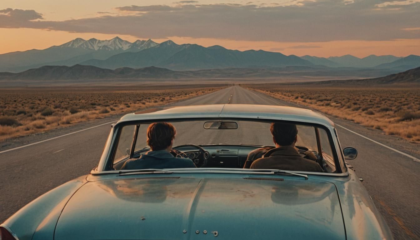 Vintage Car on Endless Highway at Sunset