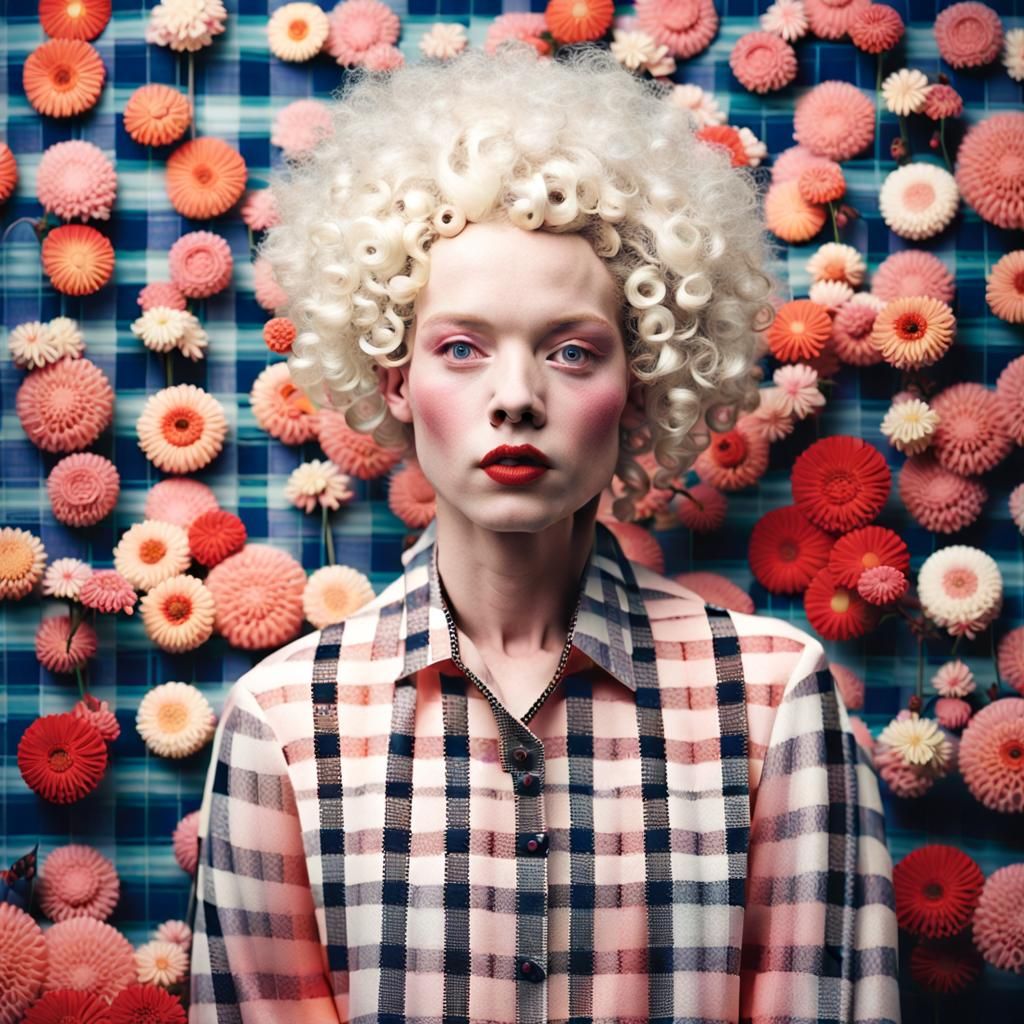 Albino Woman with Flowers in Y2K Holographic Style