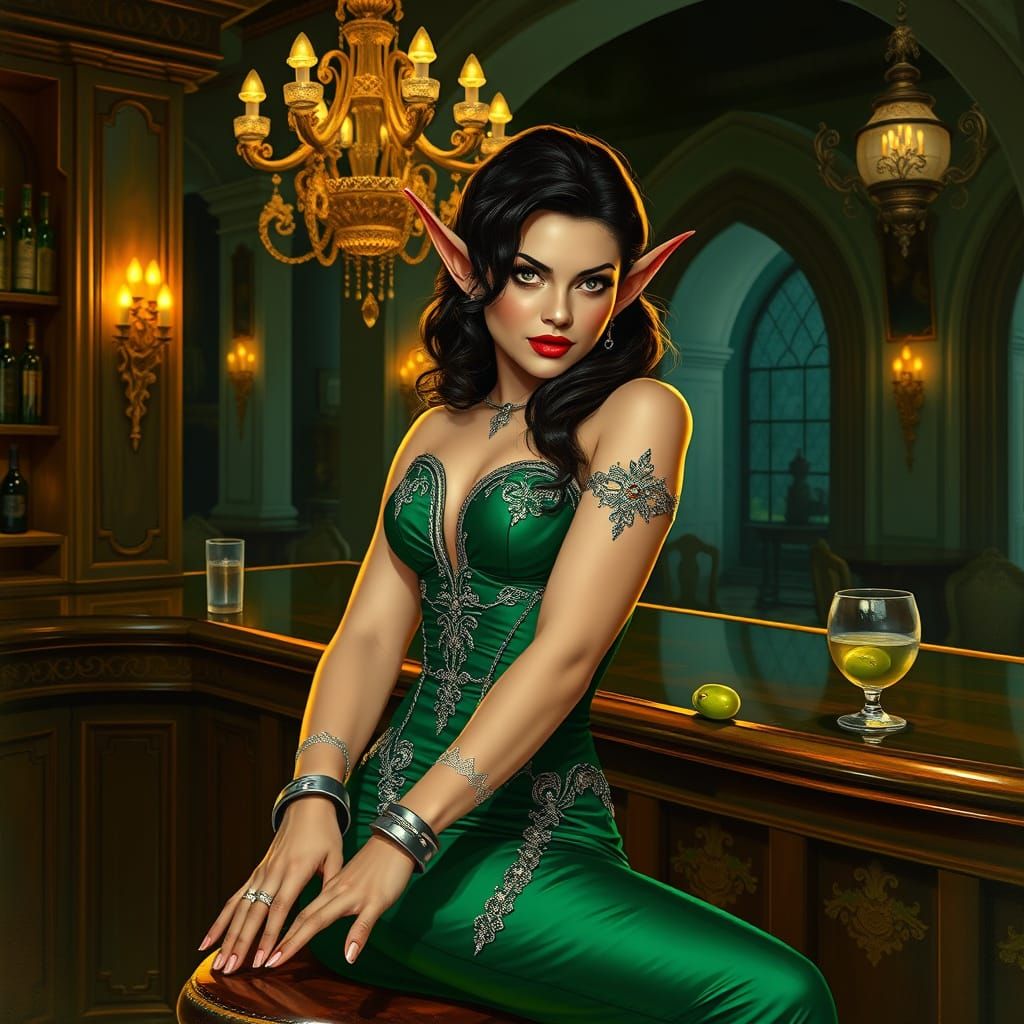 Elegant Elf at a Bar, Exuding Explosive Beauty