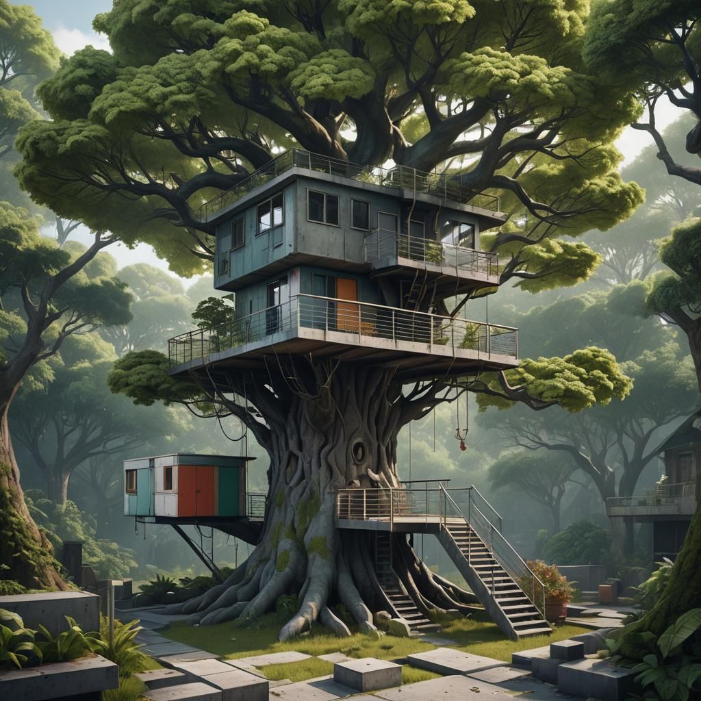 Postmodern Concrete Treehouse in Detailed Matte Painting