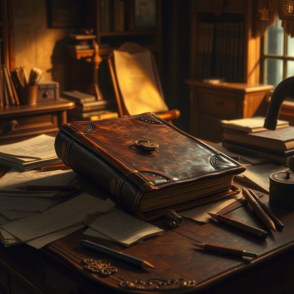 Worn Leather Binder on Rustic Desk as Vintage Illustration