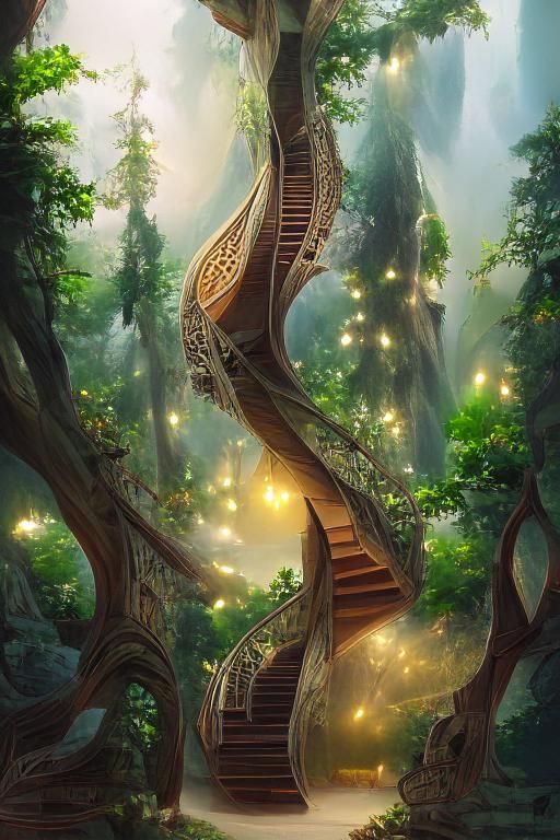 Magical Tree Staircase in Fantasy Landscape