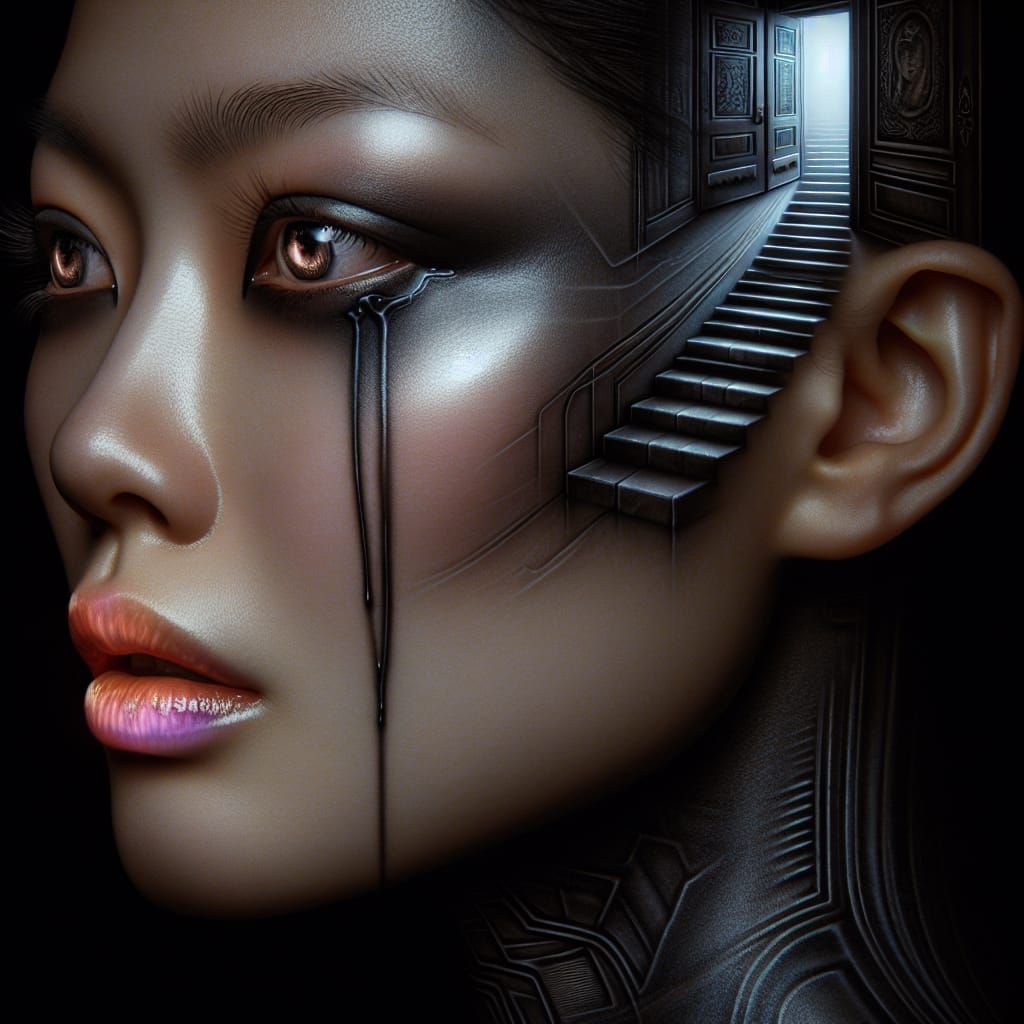 Emotive Portrait: East Asian Woman with Ink Tears