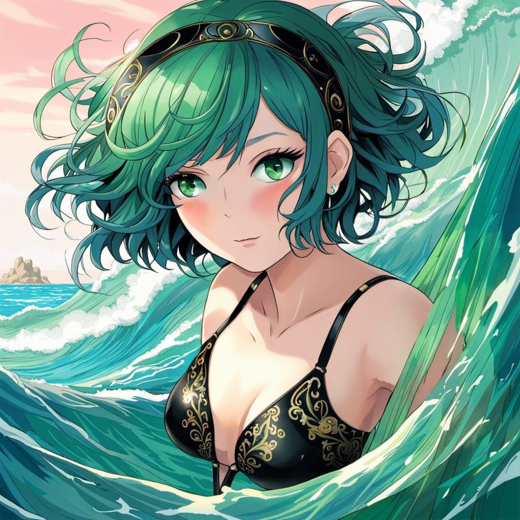 Anime Portrait: Blushing Woman with Blue Hair