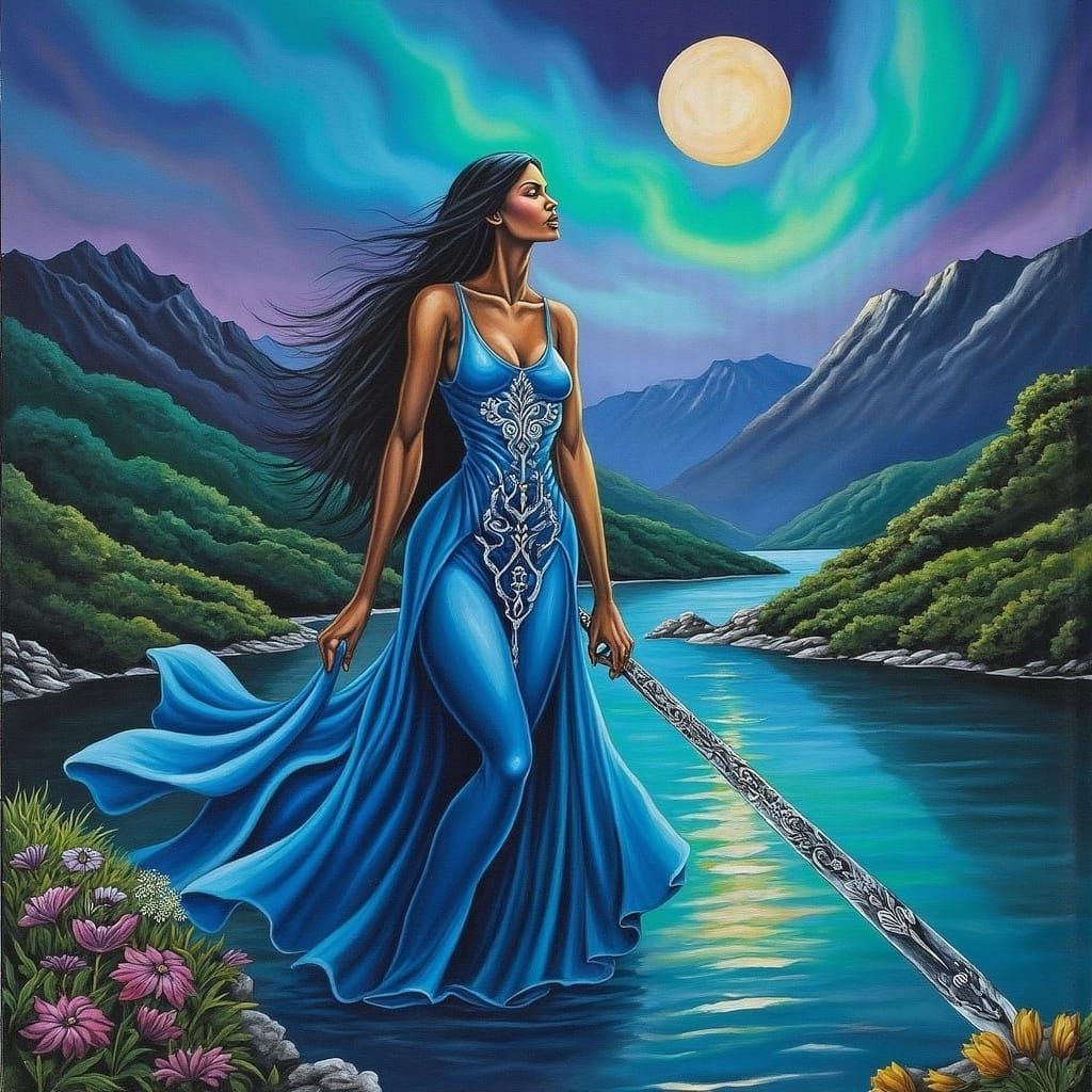 Woman with Sword in Aurora Borealis Valley