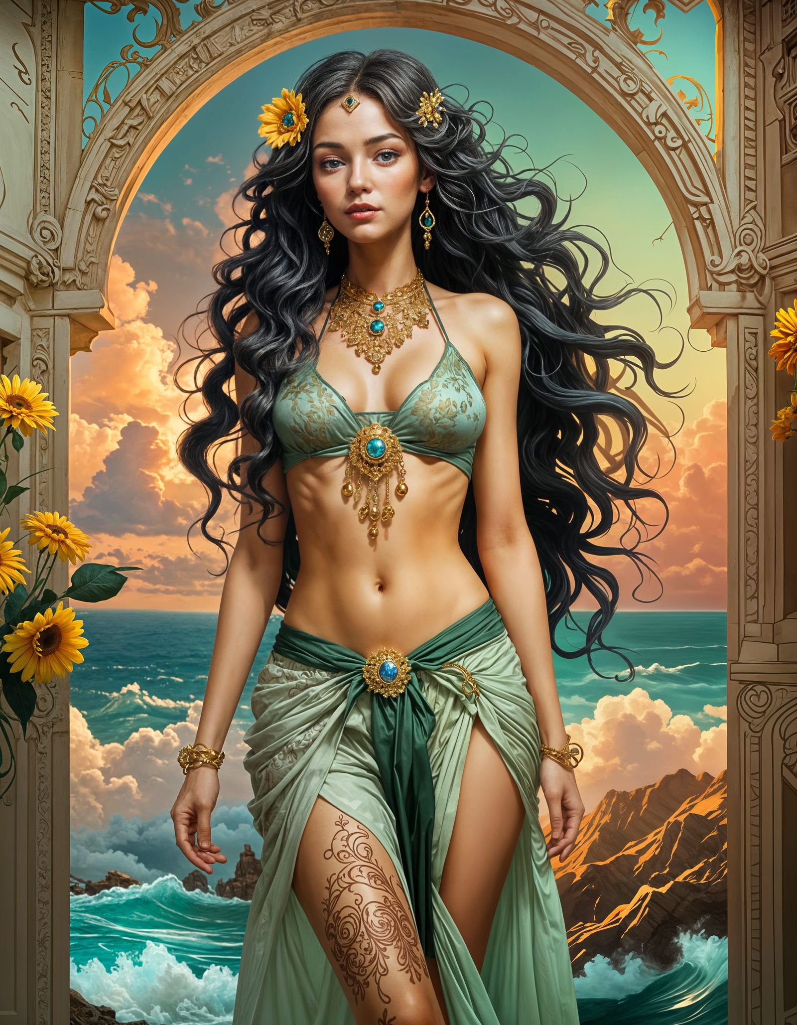 Glamorous Girl in Provocative Pose with Blue Eyes and Golden...