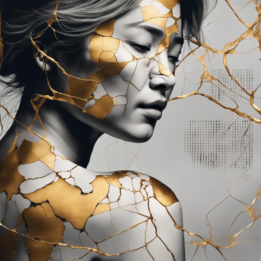 A symbolic representation of the Japanese art of Kintsugi but applied to the human soul. Portray a photograph-like image...