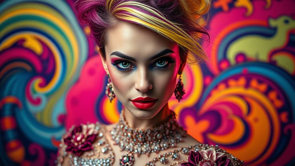 Glamorous Woman in Baroque Couture, Graphic Makeup, and Elec...