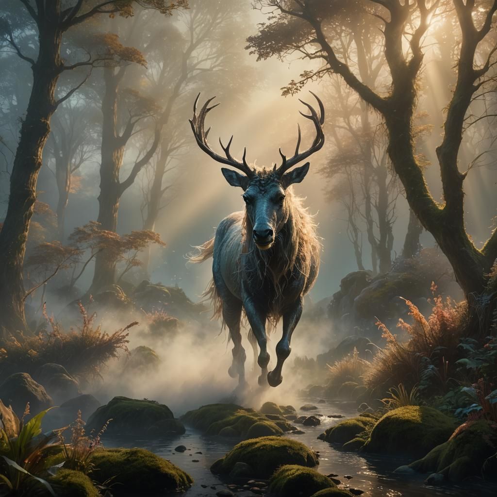 Giant Creature Leaping in Ethereal Landscape