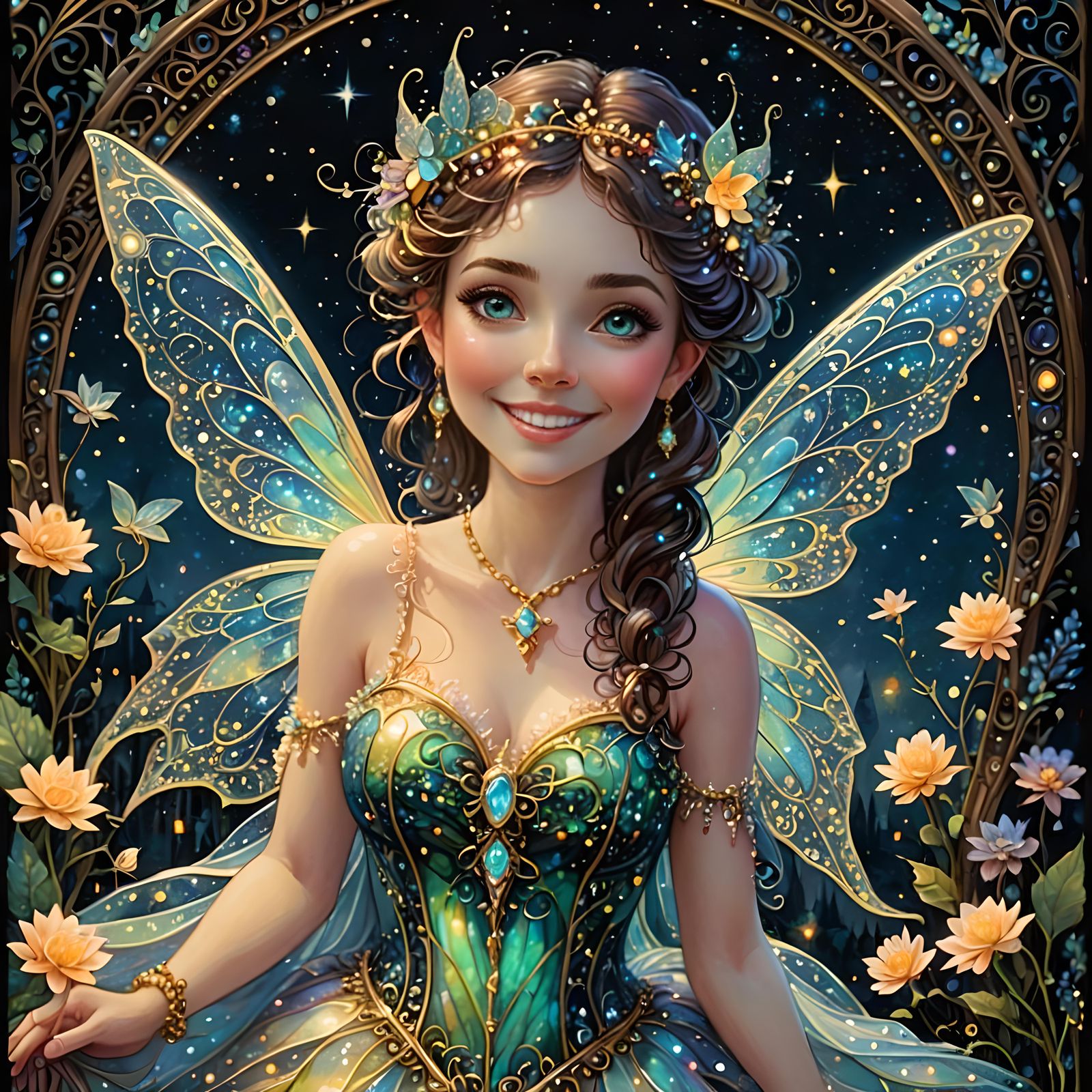 Smiling Fairy with Opal Jewelry in Ethereal Fantasy Style