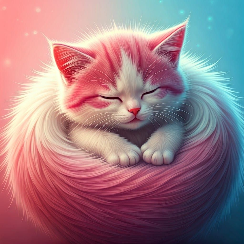 Sleeping Fluffy Kittens in Dreamland: Whimsical Cartoon Styl...
