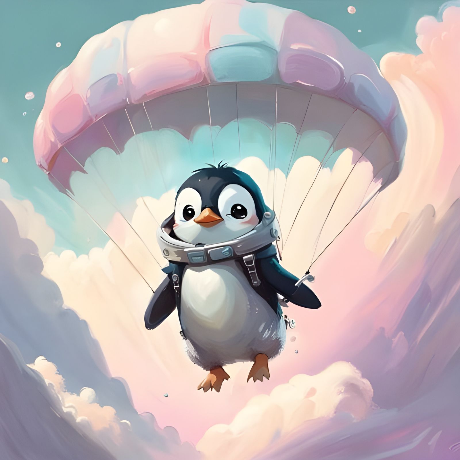 Fantasy Penguin Parachuting Through Pastel Clouds
