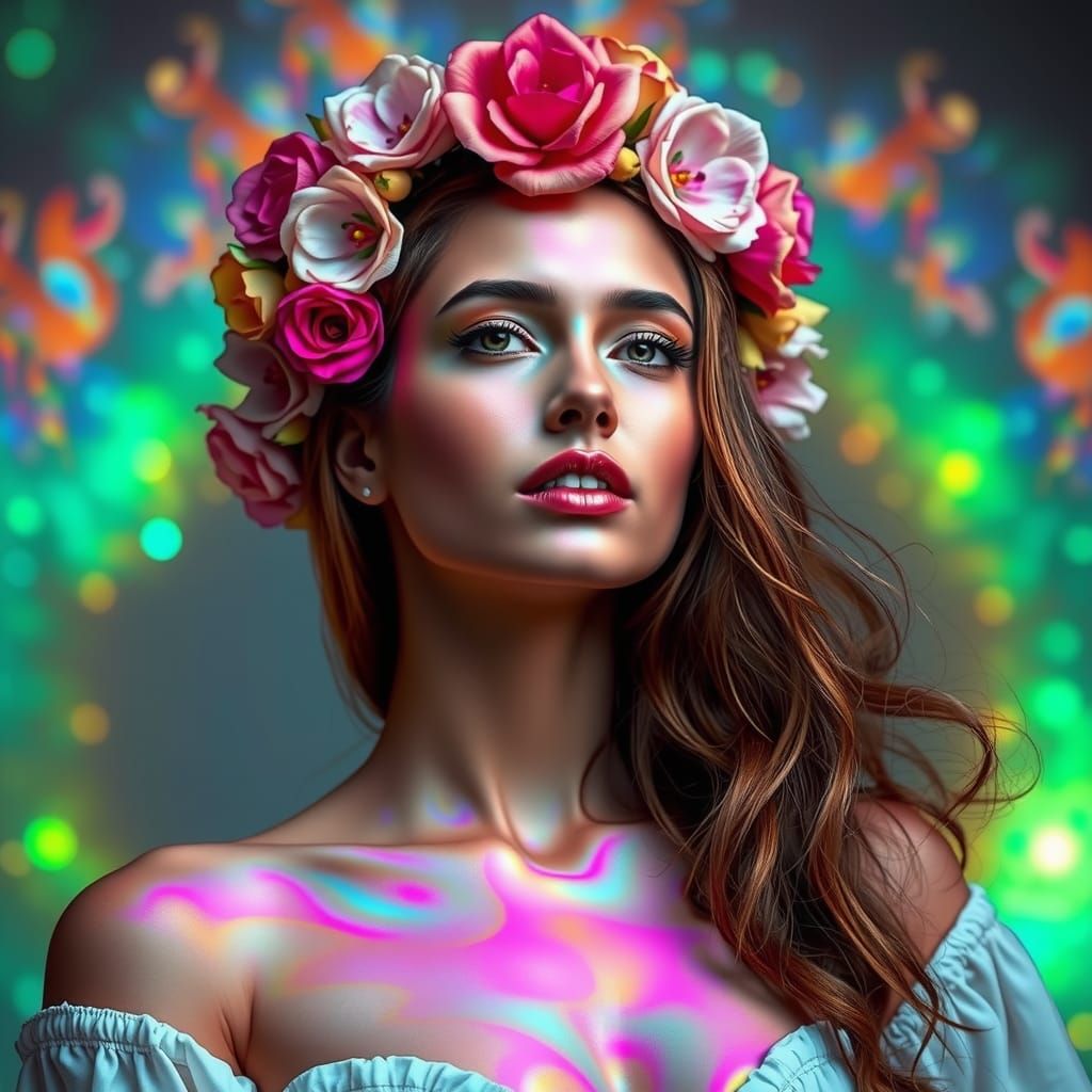 Woman with Flower Crown in Solarized Photography