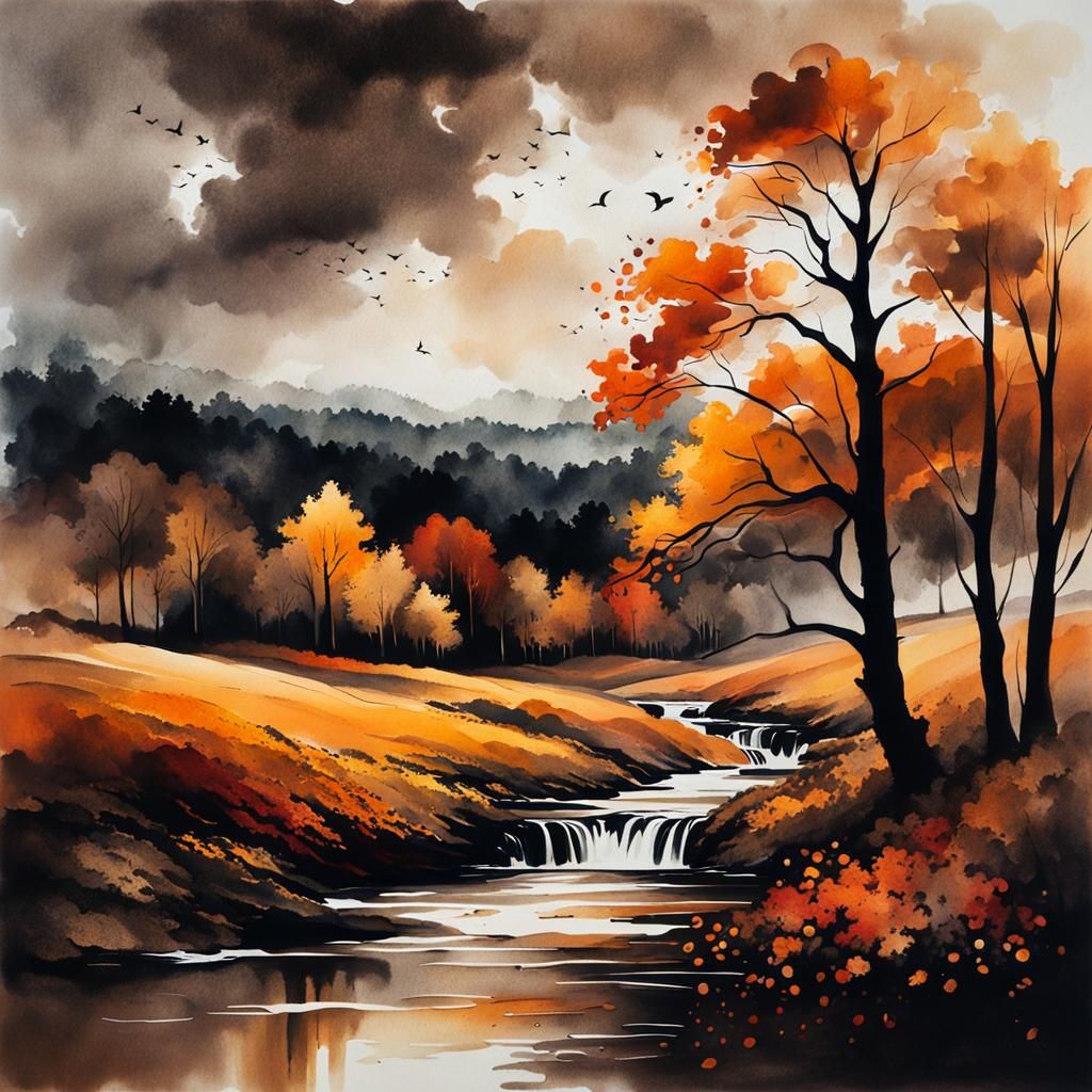 Moody Autumnal Landscape in Ink Painting Style