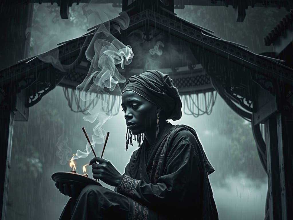 Fortune Teller Enshrouded in Mystical Rainy Atmosphere