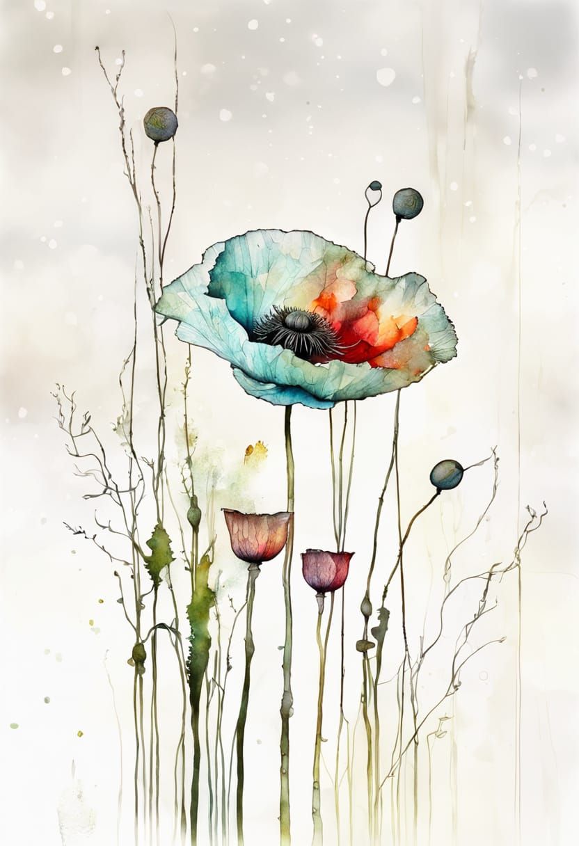 Vibrant Poppies in a Colorful Marsh Landscape, in a Melted M...