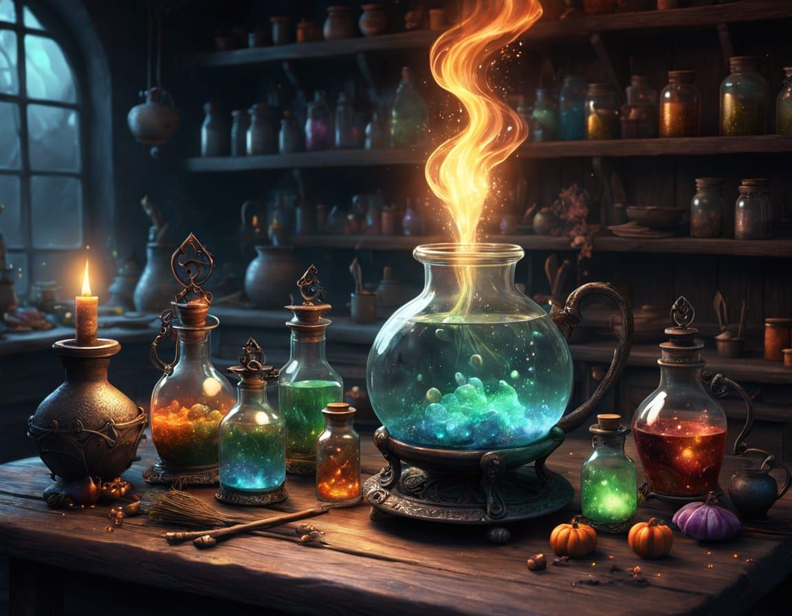 Witch's Kitchen with Sparkling Potion and Spell Ingredients