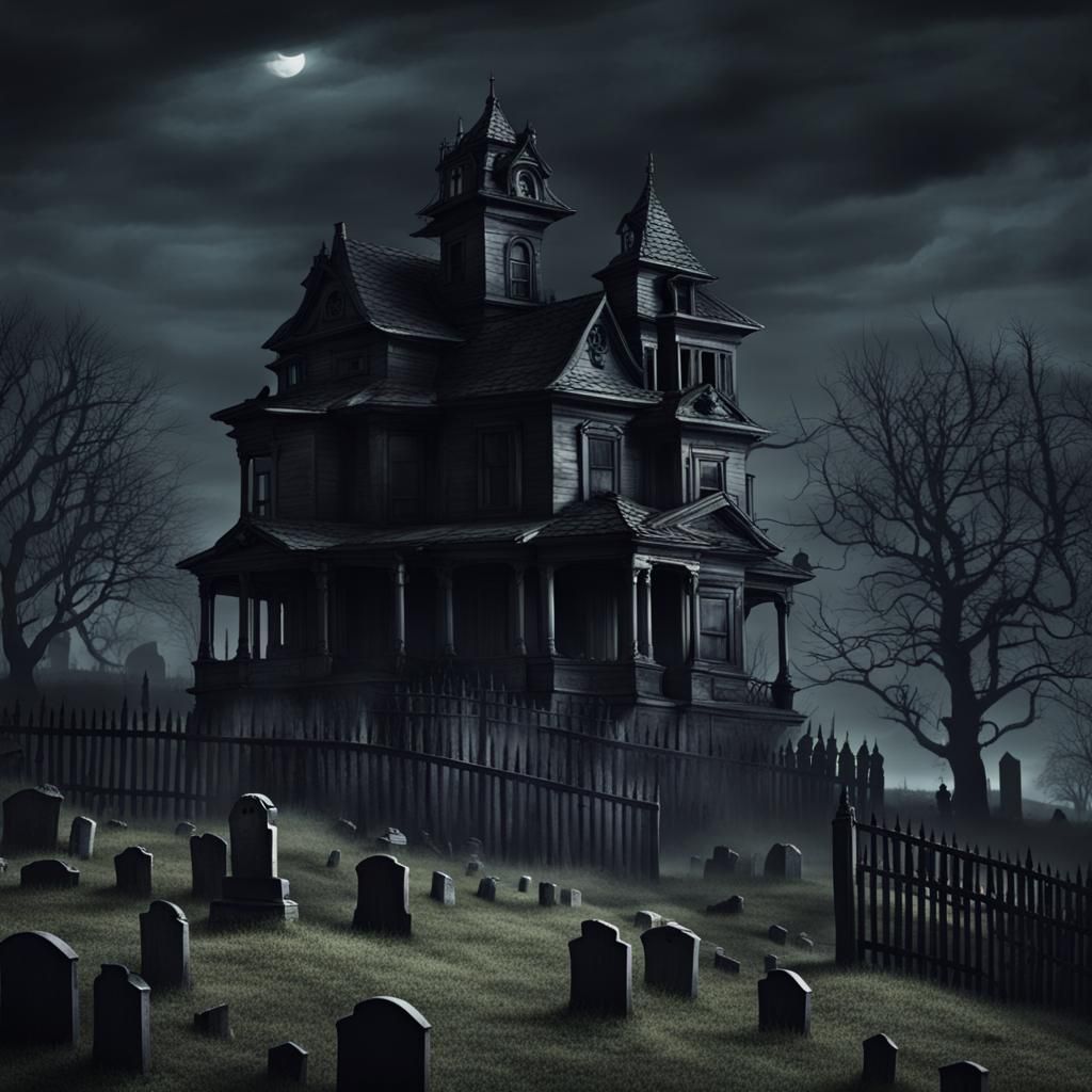 Creepy Haunted House Overlooking Cemetery