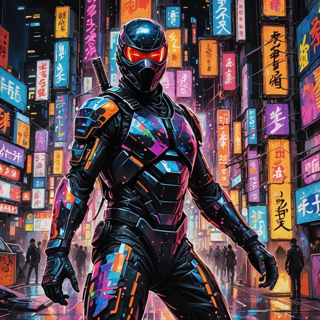 Futuristic Ninja in Neon Tokyo: Cyberpunk Splash Art