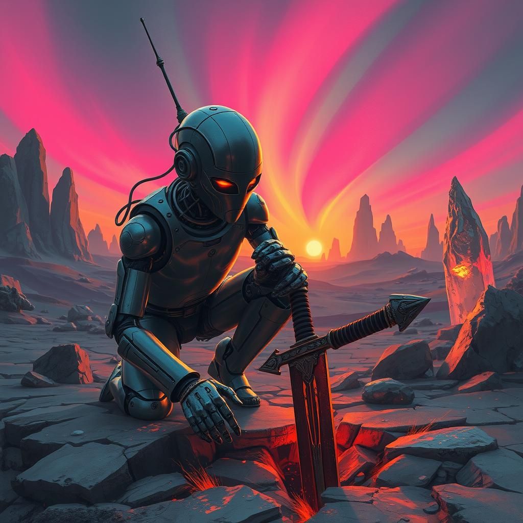 Robot Finds Ancient Sword in Crystal Landscape