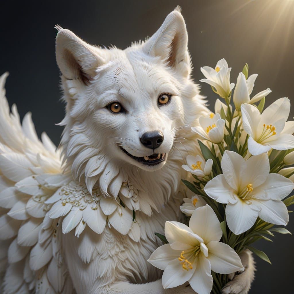 Gentle White Winged Wolf Woman with Freesias in Soft Light