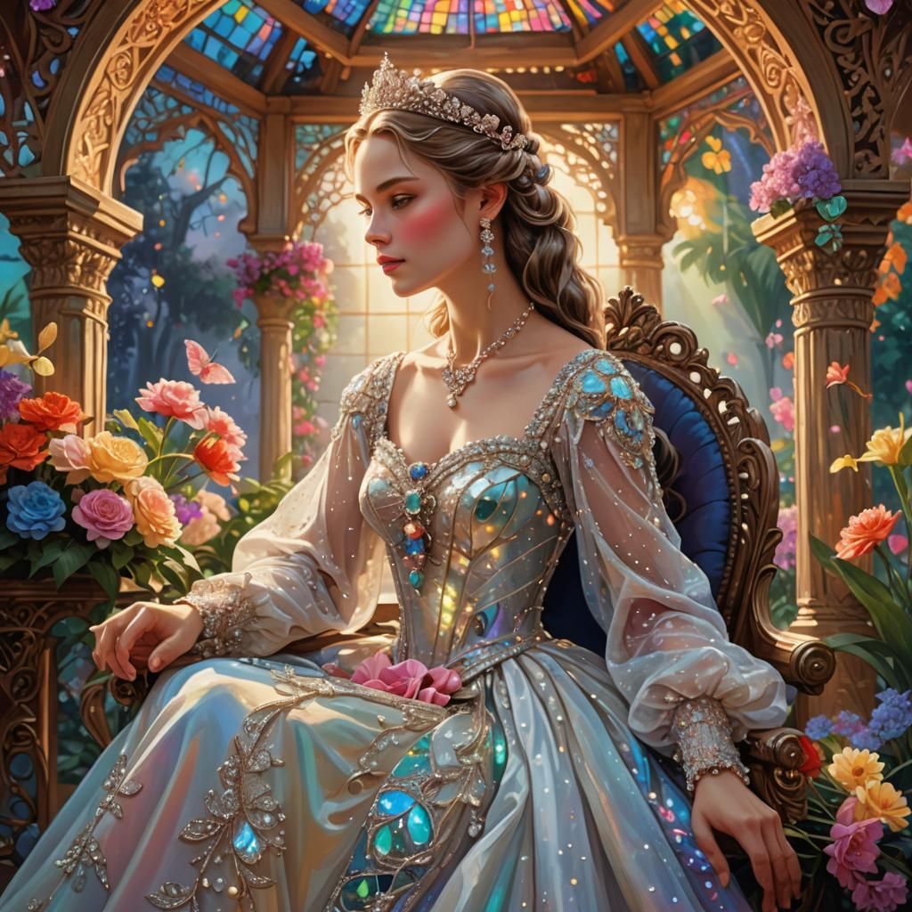 Elegant Princess with Flowers in Ornate Gazebo