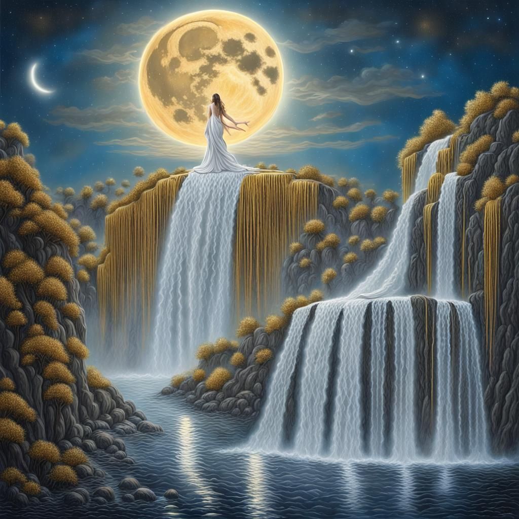 Celestial Waterfall with Sirens: Surrealist Dreamscape