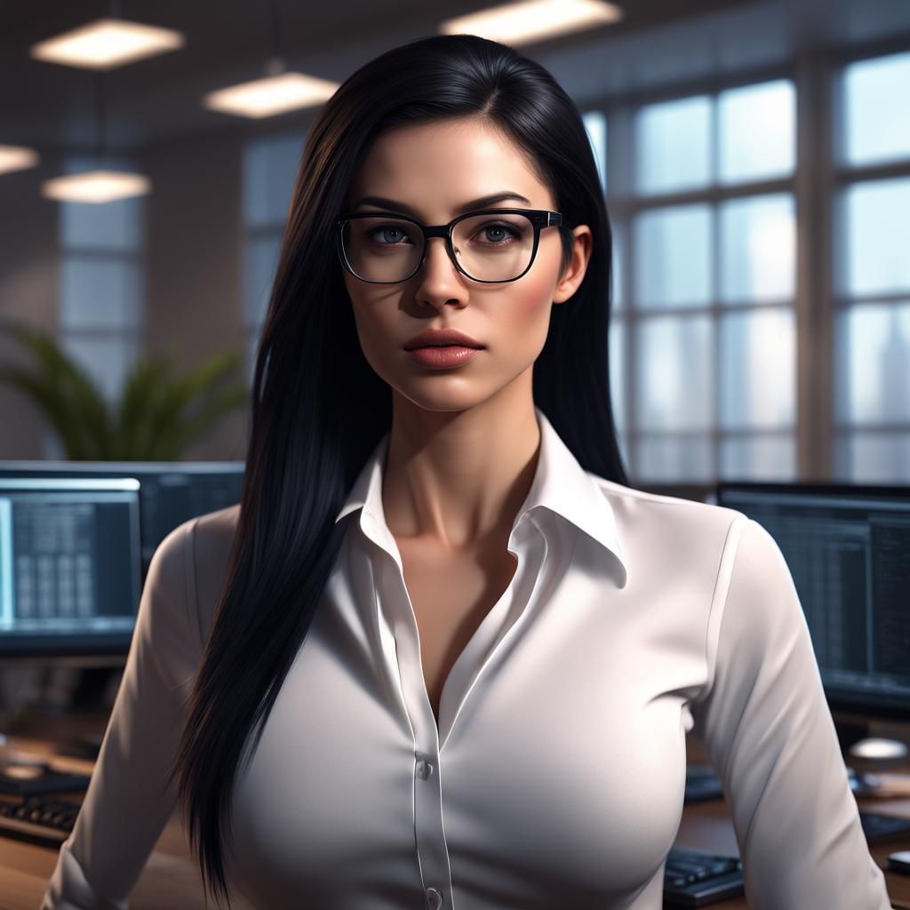 Elegant Woman in Office, Detailed Digital Painting