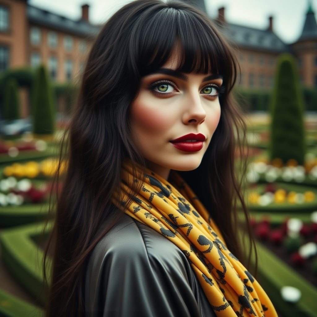 Portrait of Woman with Dark Hair and Green Eyes in Garden