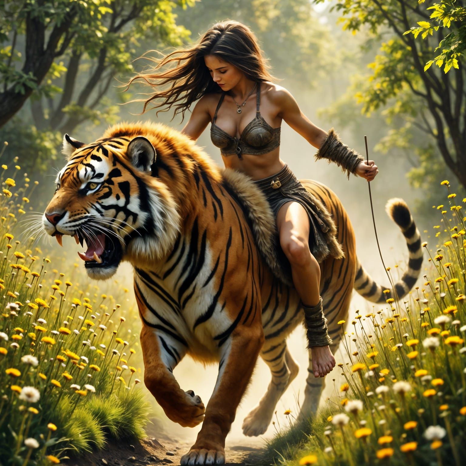 Surreal Sabre-Tooth Tiger Encounter in Vibrant Forest