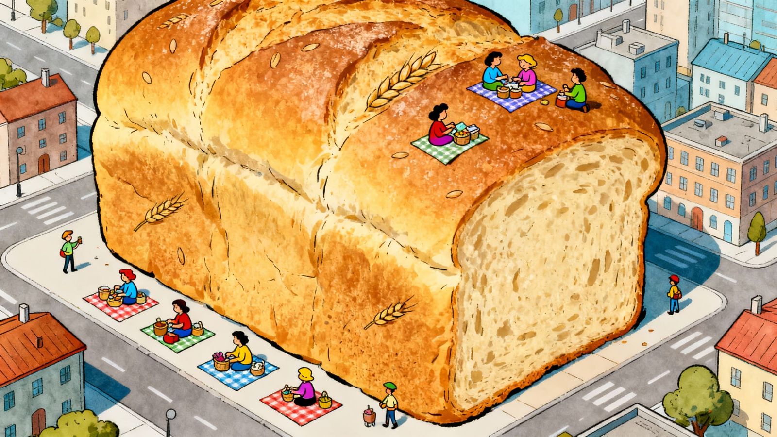 Giant Bread Loaf City Picnic in Cartoon Style