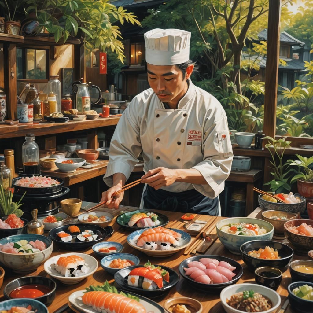 Japanese Sushi Chef: Hyperdetailed Sandal-Punk Portrait