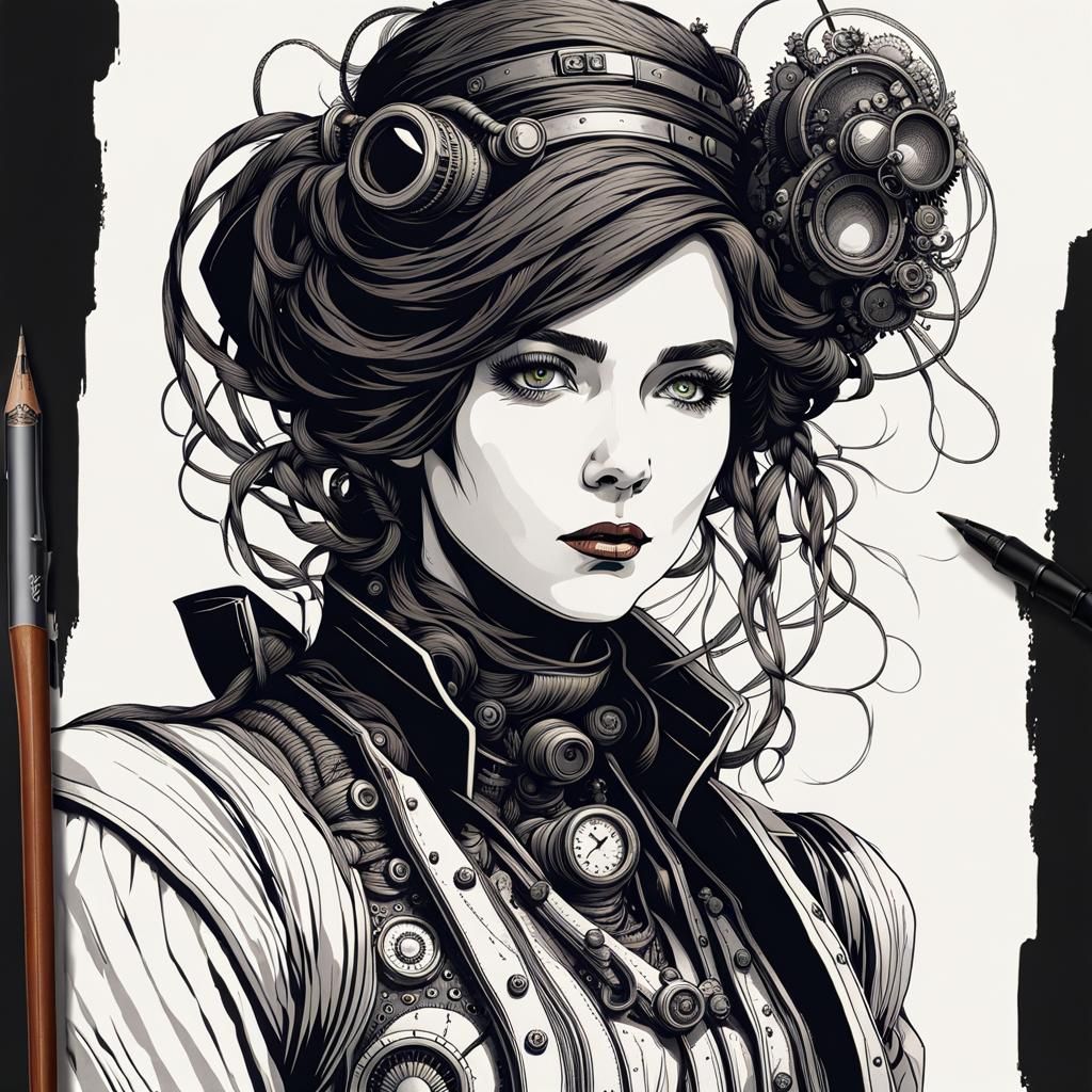 Steampunk Woman Portrait in Retro-Futuristic Pen and Ink