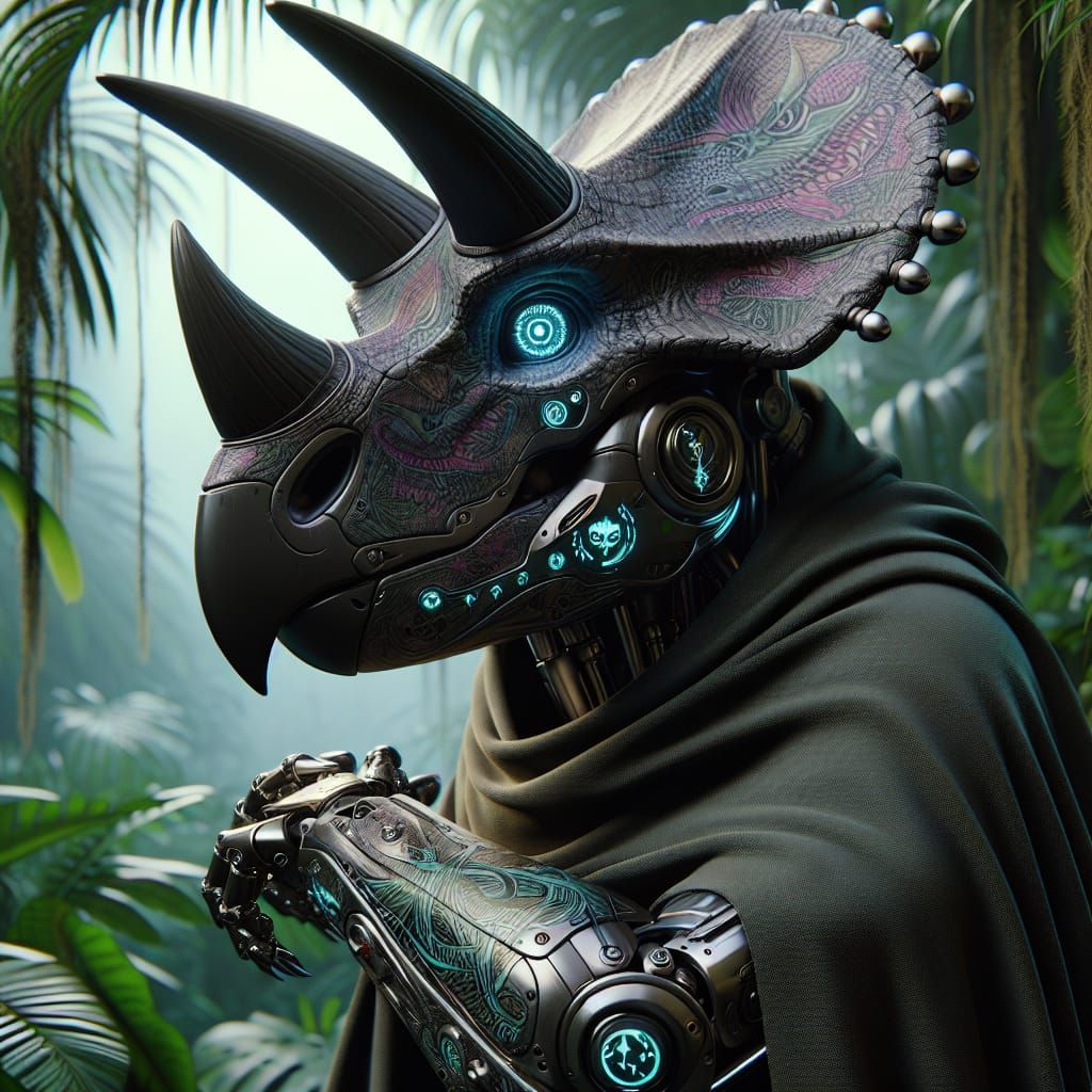 Robotic Armored Triceratops in Jungle, Photorealistic Image
