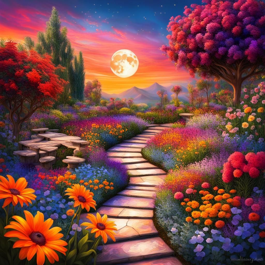 Radiant Whimsical Garden at Sunset with Colorful Flowers
