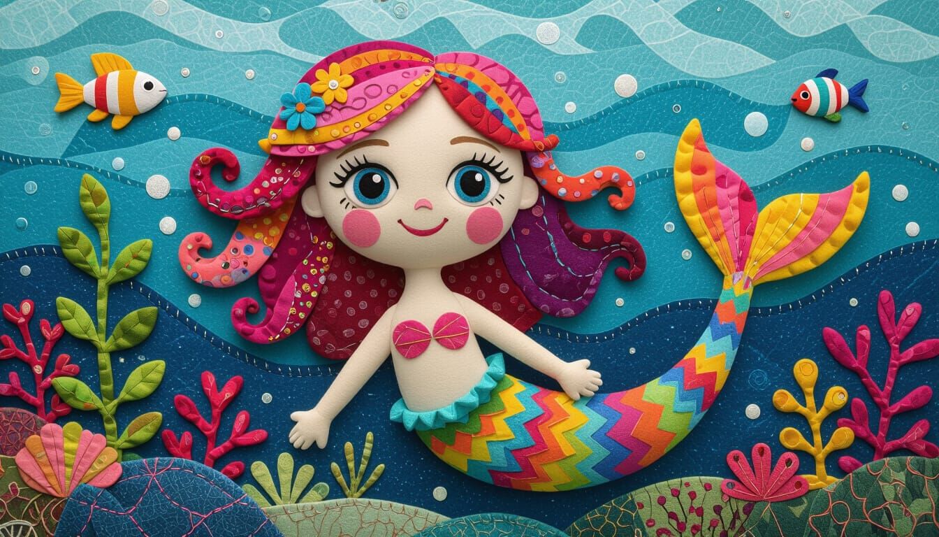 Felt Mermaid with Big Eyes and Textile Tail