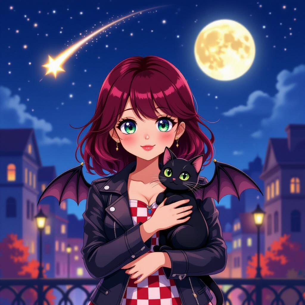 Anime Woman with Crimson Hair and Bat-Winged Cat in Autumn C...