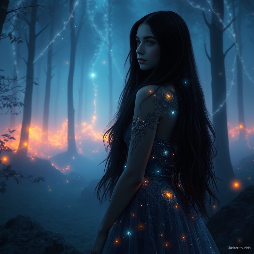 Bioluminescent Forest Woman in Cosmic Art Style