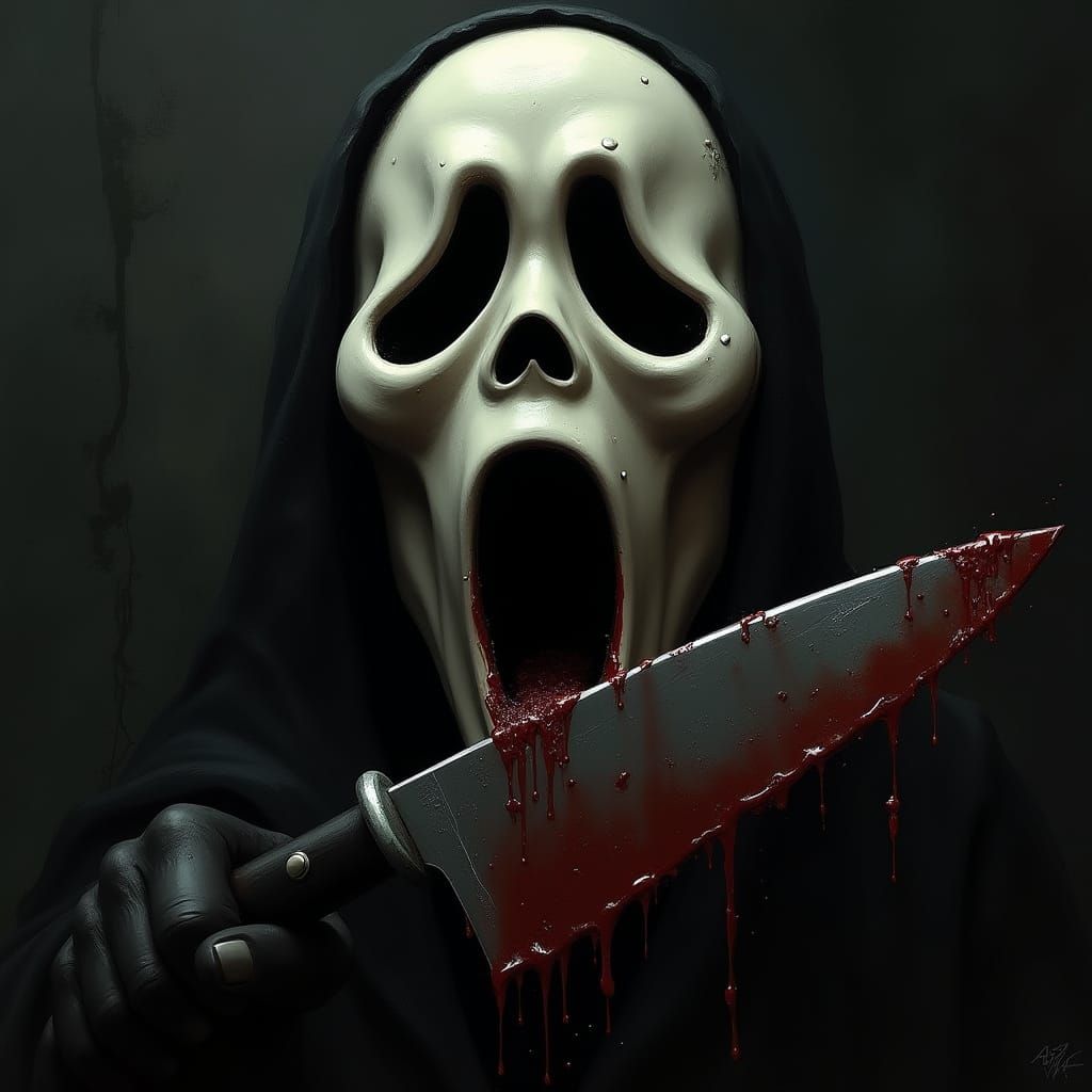 Scream Mask with Dripping Blood, Dark Digital Painting