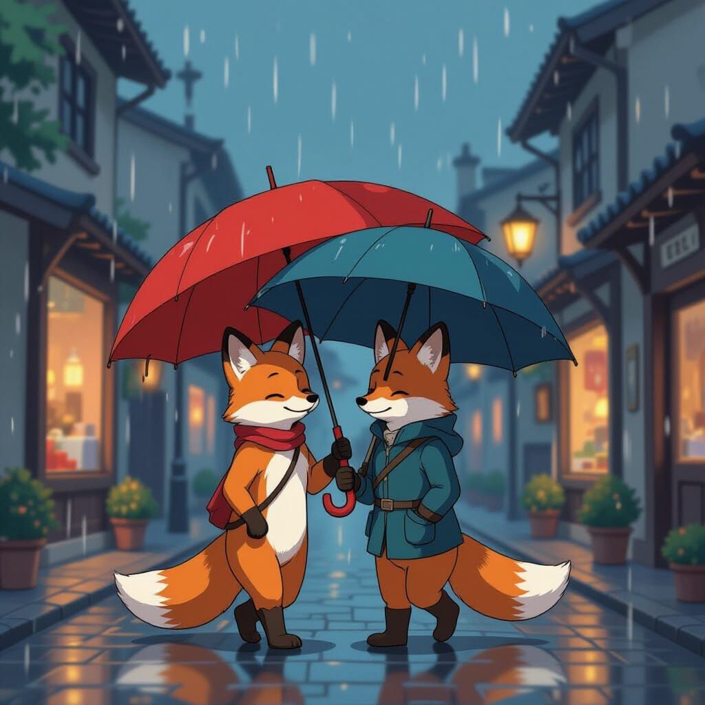 Cozy Foxes Share Umbrella in Ghibli-Style Rainstorm