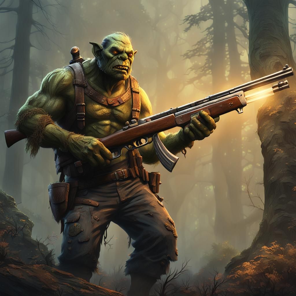 Hillbilly Orc with Shotgun in Misty Forest