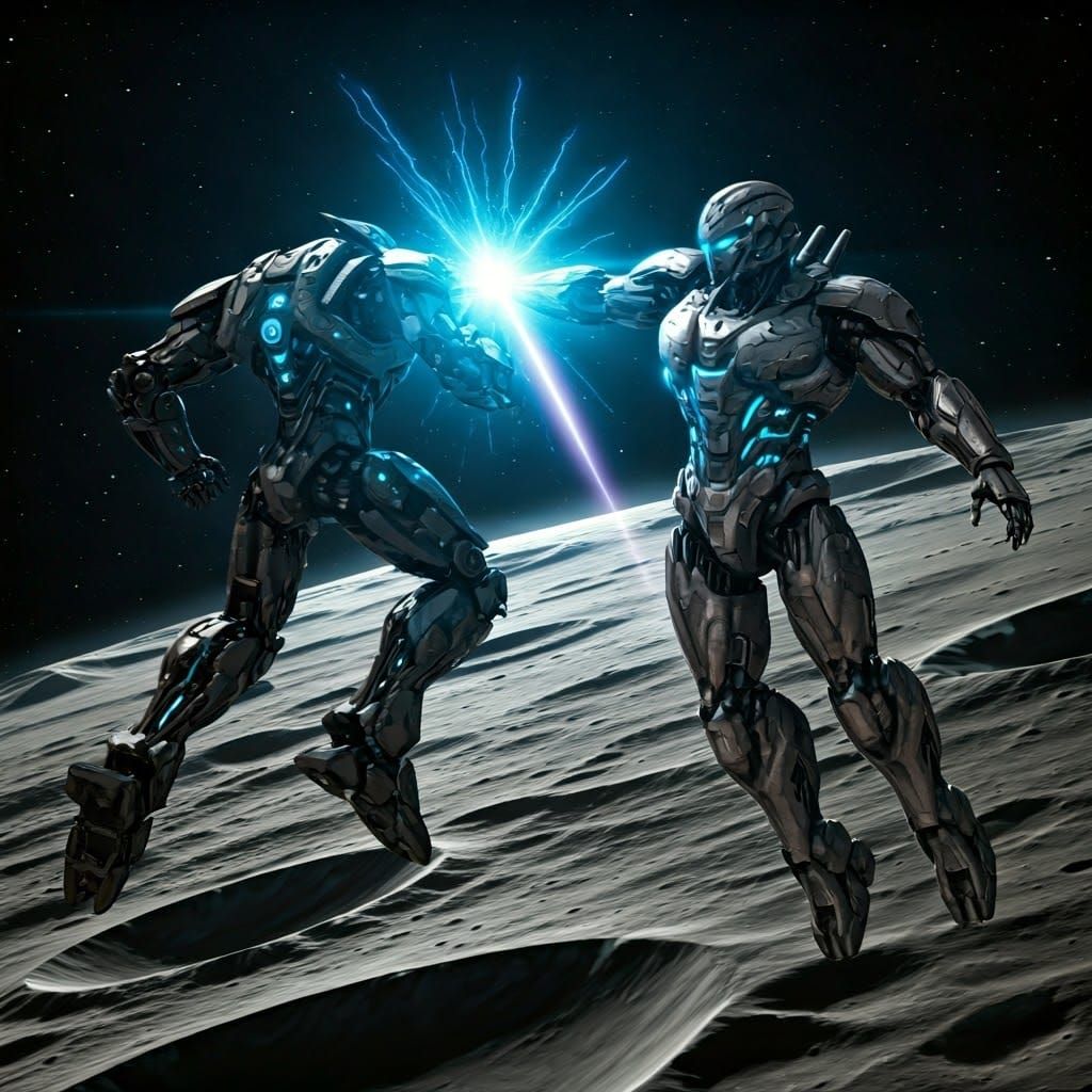 Mecha Robots Clash on Desolate Moon in Futuristic Battle