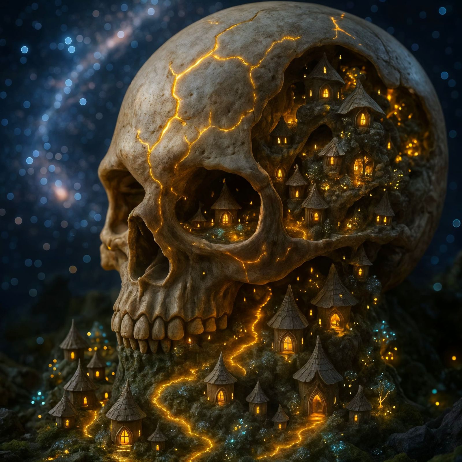 Faerie Village Inside Glowing Skull in Galaxy