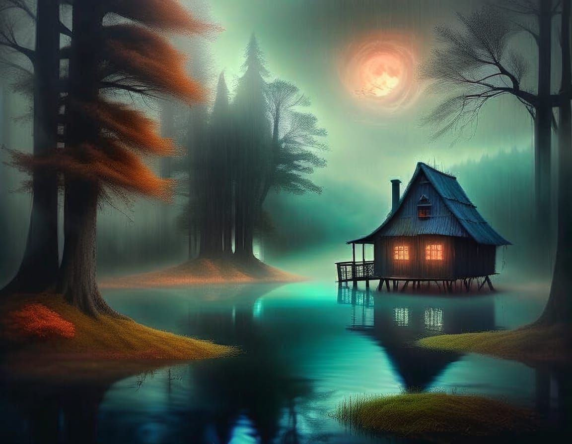 Mystical Hut on Stilts in a Dark Lake